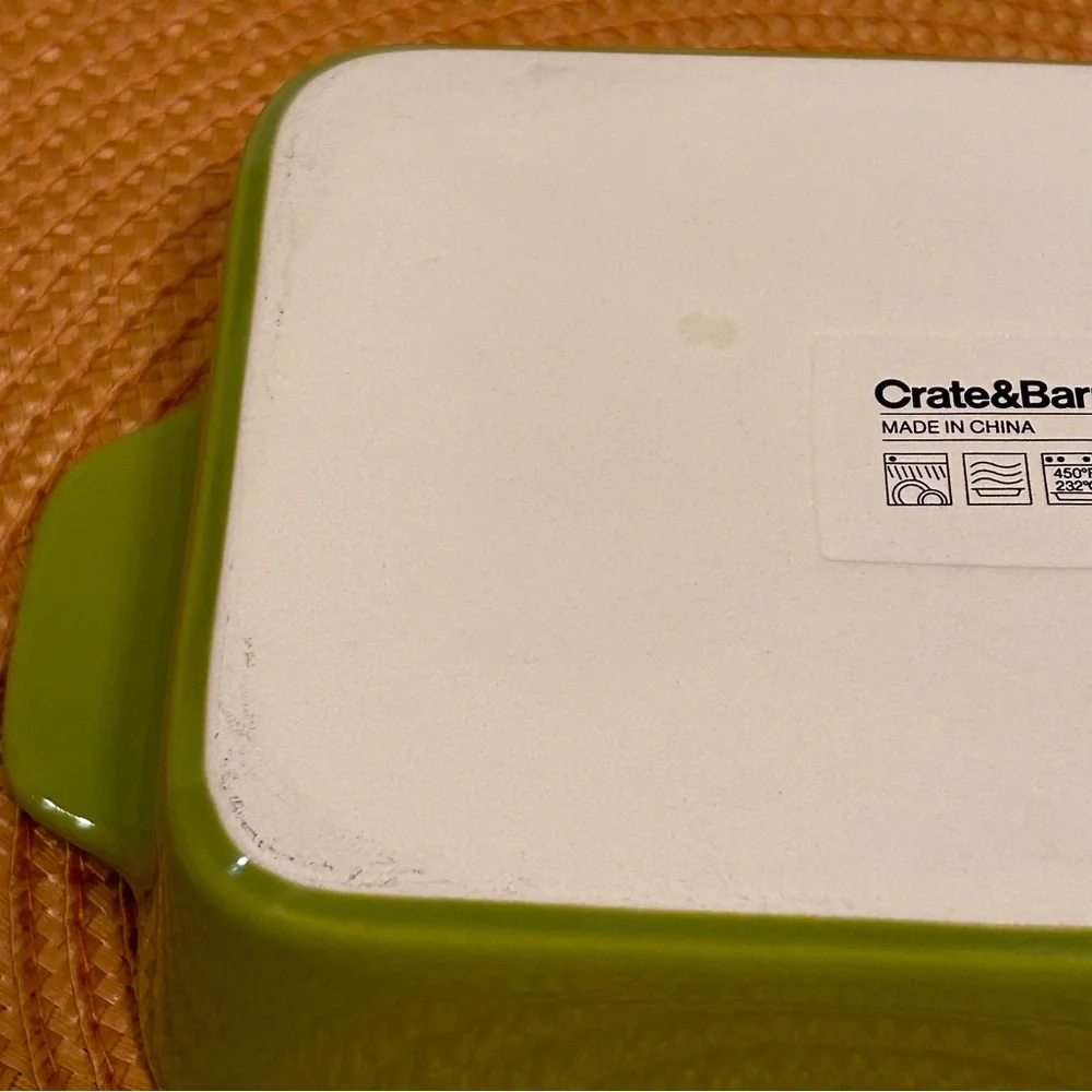Crate & Barrel Avery Ceramic Baking Dish Green With White Interior & Handles
